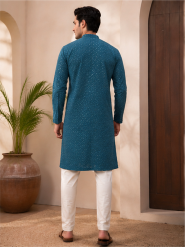 Men's Floral Embroidered Sequinned Kurta with Bottom, Teal Blue