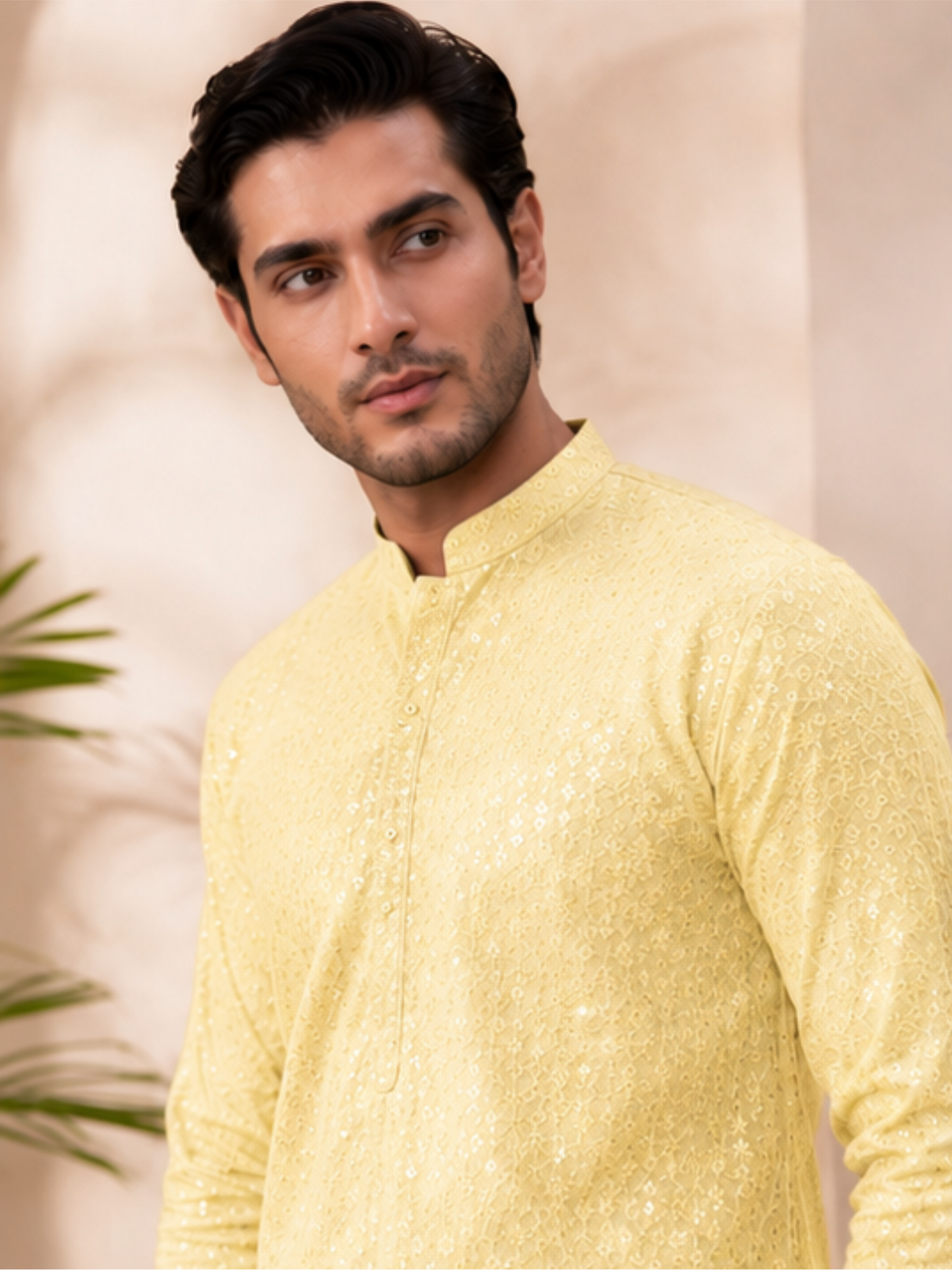 Men's Floral Embroidered Sequinned Kurta with Bottom, Yellow