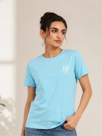 Light Blue Casual Round-Neck T-Shirt with NY Graphic