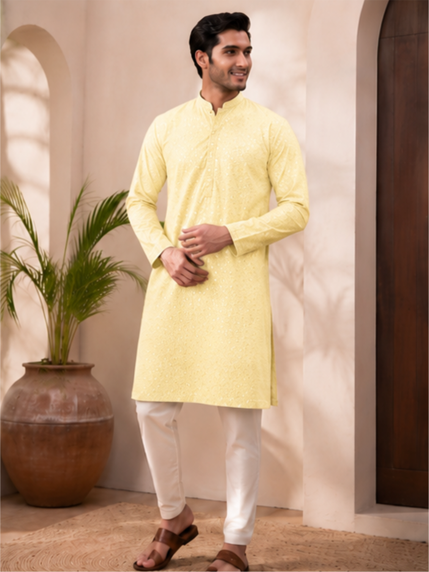 Men's Floral Embroidered Sequinned Kurta with Bottom, Yellow