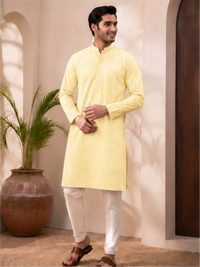 Men's Floral Embroidered Sequinned Kurta with Bottom, Yellow