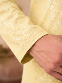 Men's Floral Embroidered Sequinned Kurta with Bottom, Yellow