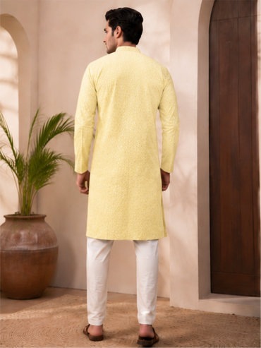 Men's Floral Embroidered Sequinned Kurta with Bottom, Yellow