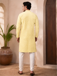 Men's Floral Embroidered Sequinned Kurta with Bottom, Yellow