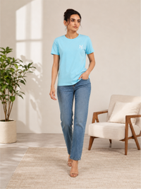 Light Blue Casual Round-Neck T-Shirt with NY Graphic
