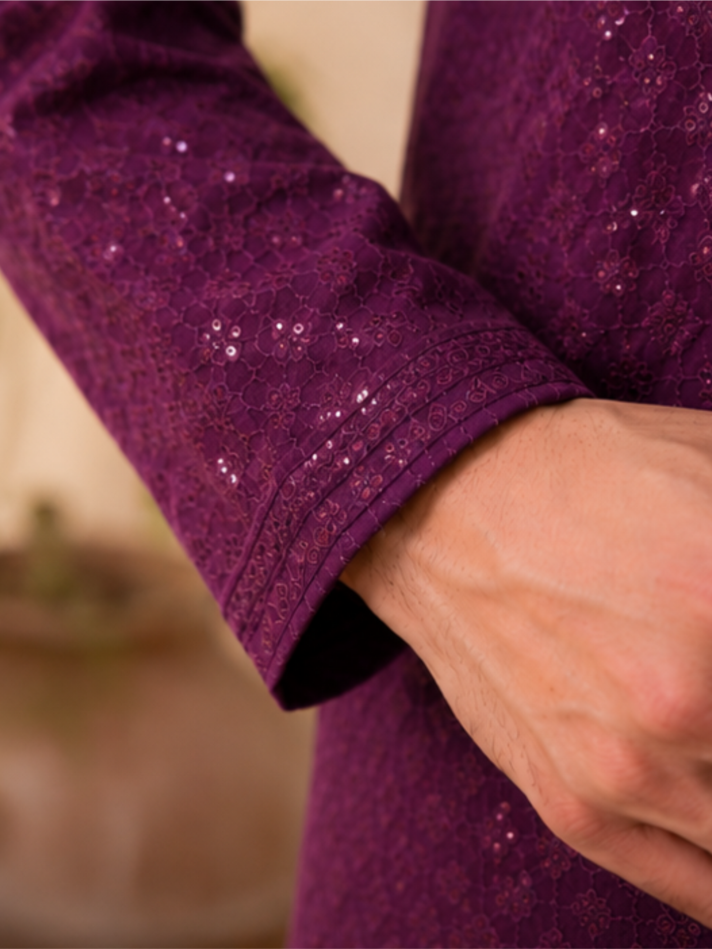 Men's Floral Embroidered Sequinned Kurta with Bottom, Wine