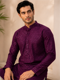 Men's Floral Embroidered Sequinned Kurta with Bottom, Wine