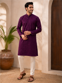 Men's Floral Embroidered Sequinned Kurta with Bottom, Wine