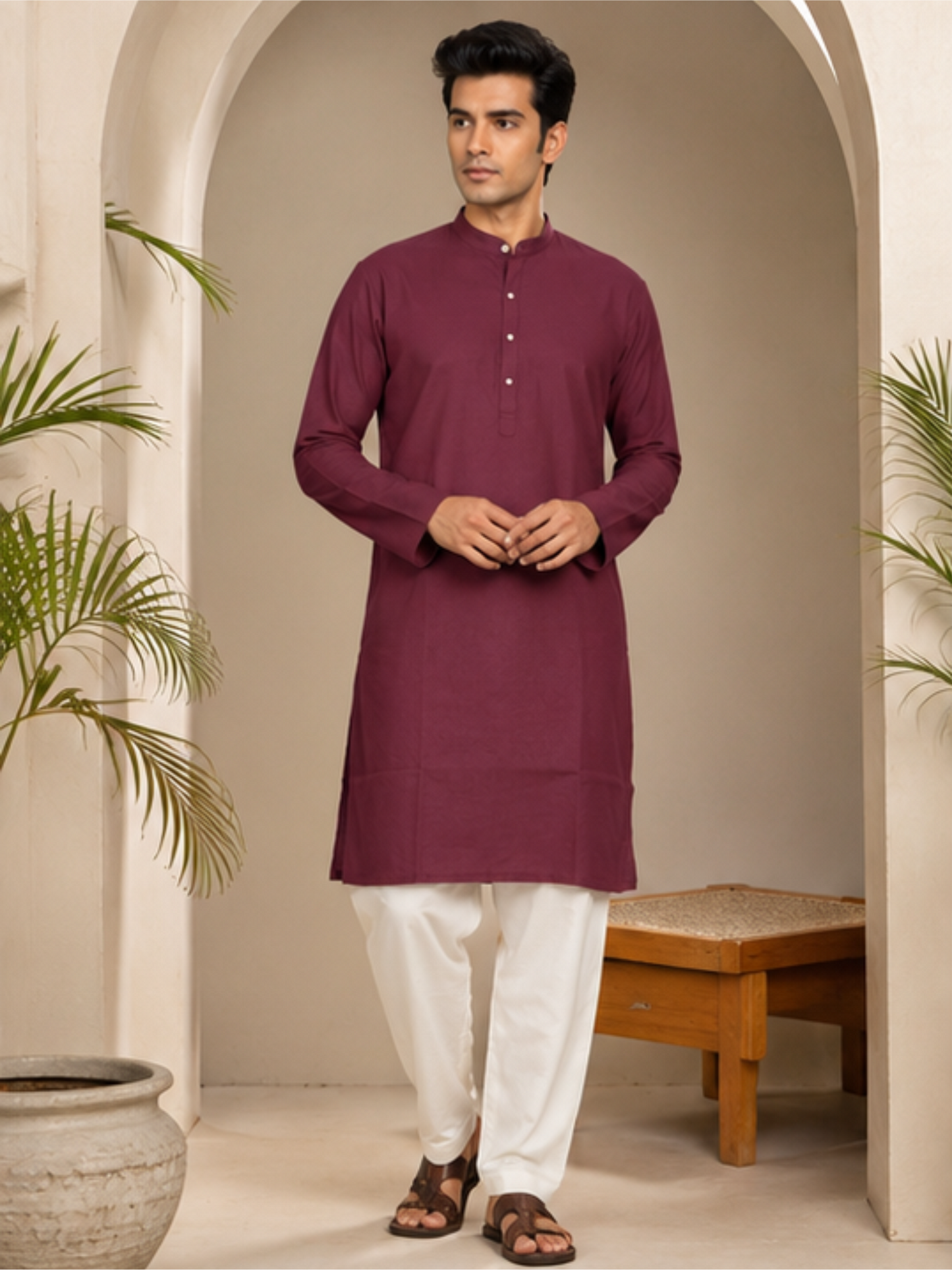Men Solid Regular Straight Kurta with Bottom, Wine