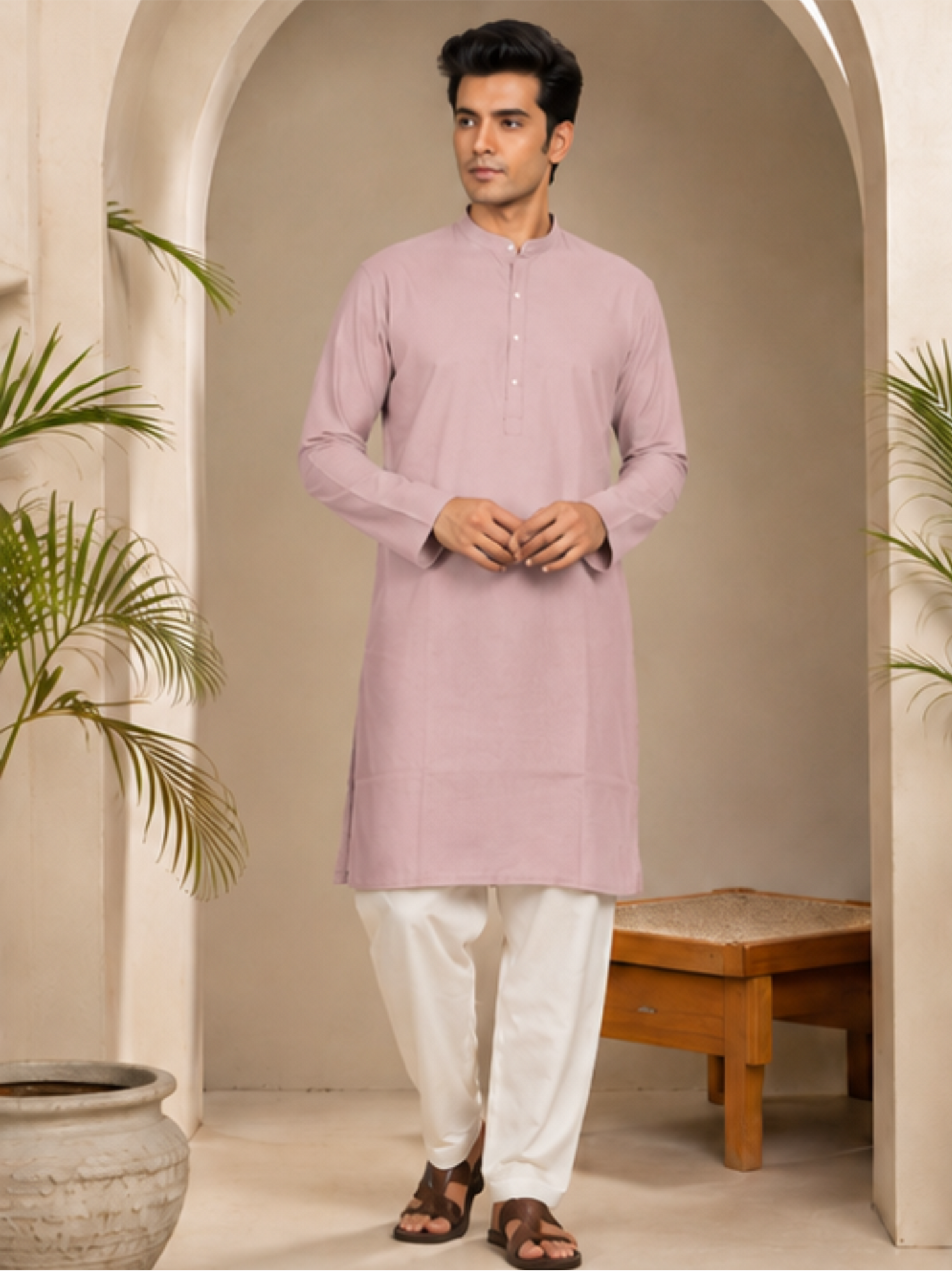 Men Solid Regular Straight Kurta with Bottom, Lavender