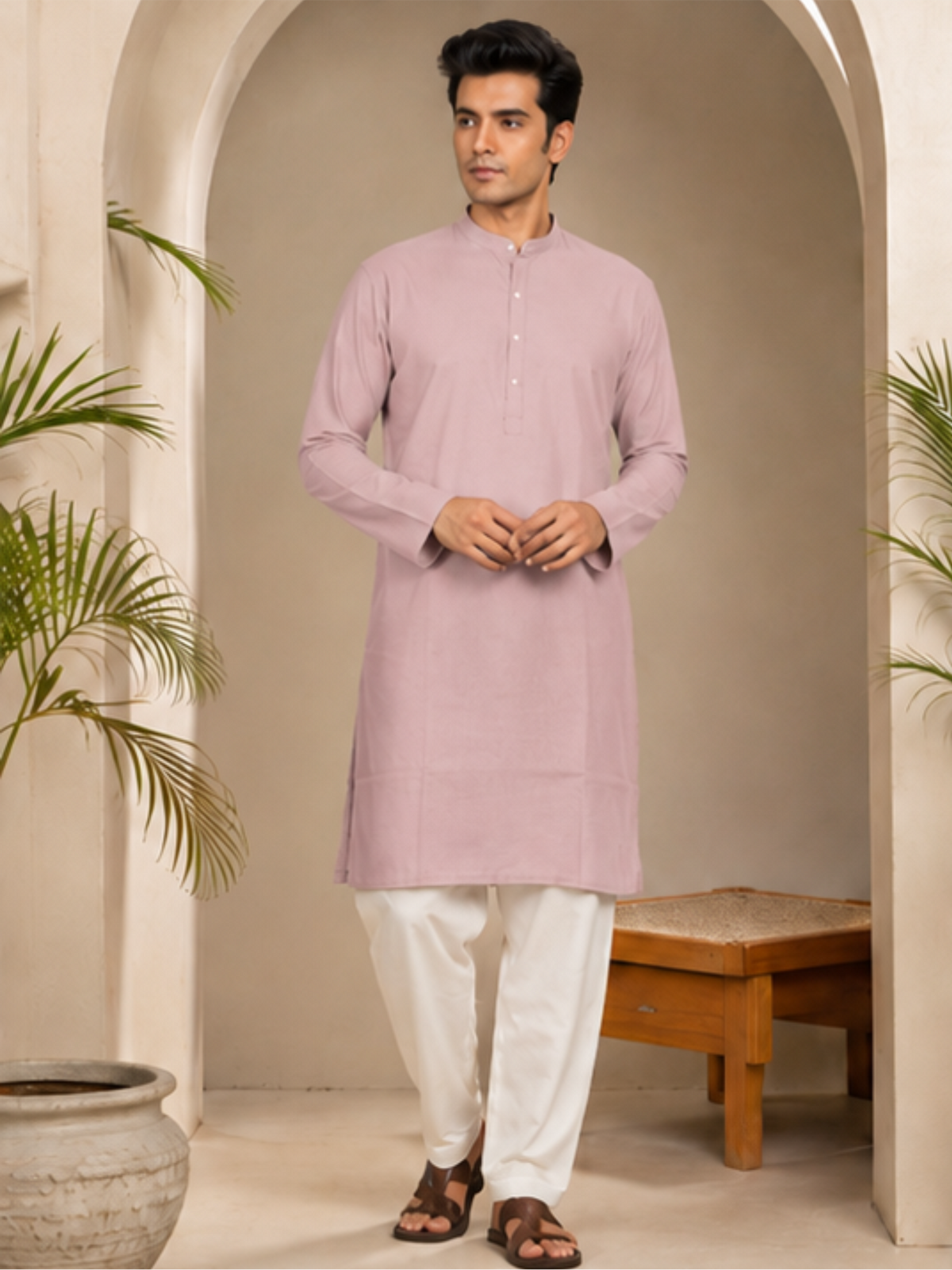 Men Solid Regular Straight Kurta with Bottom, Lavender