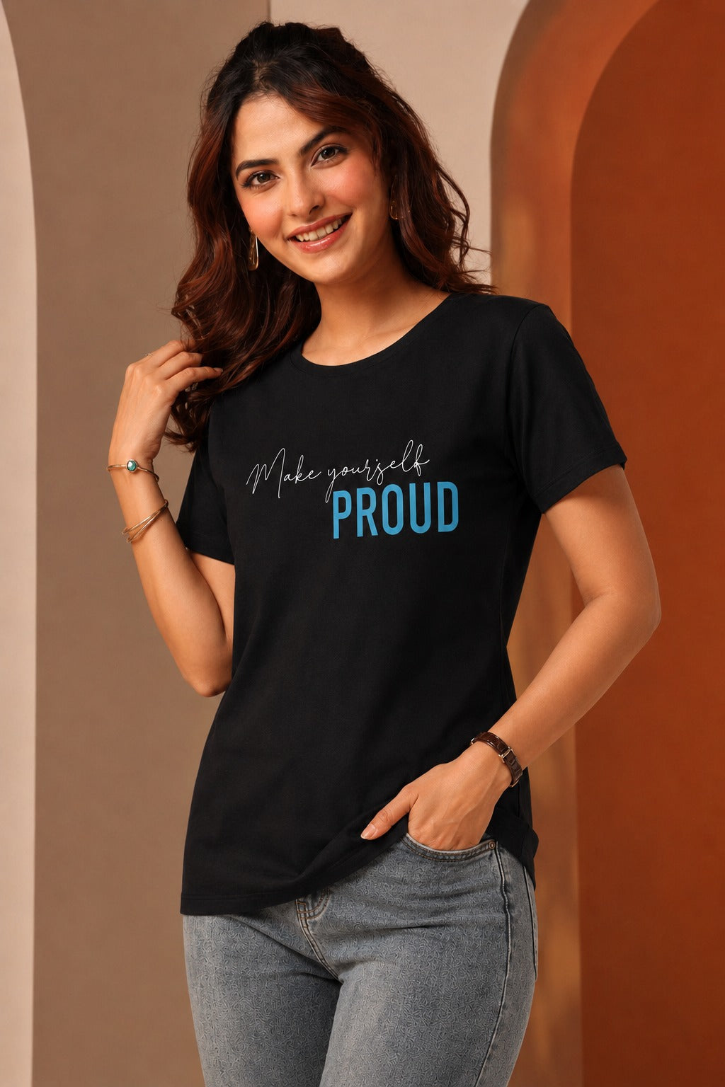 Women's Black Printed Round Neck Cotton Graphic T-Shirt