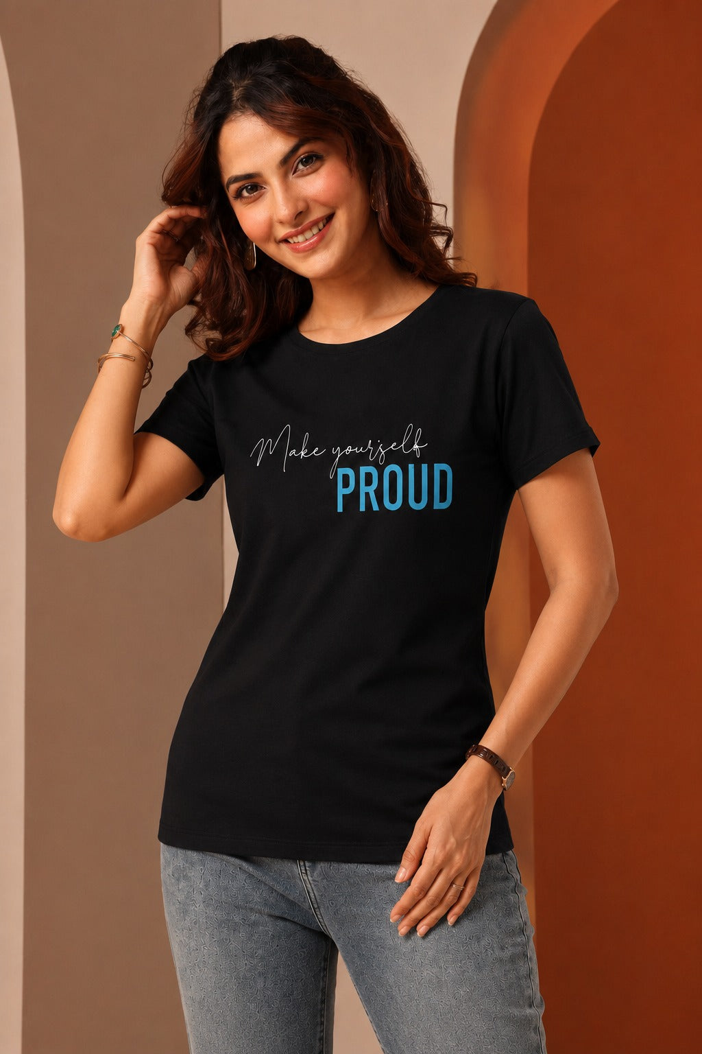 Women's Black Printed Round Neck Cotton Graphic T-Shirt