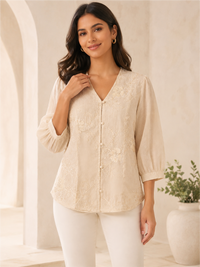 Elegant Cream Embroidered V-Neck Top for Women
