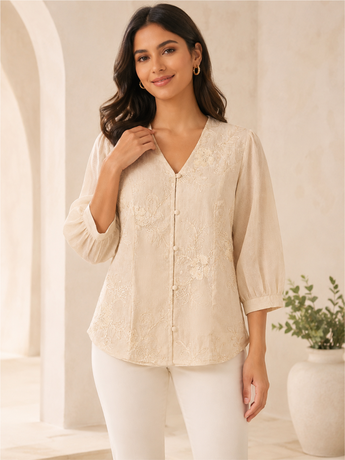 Elegant Cream Embroidered V-Neck Top for Women