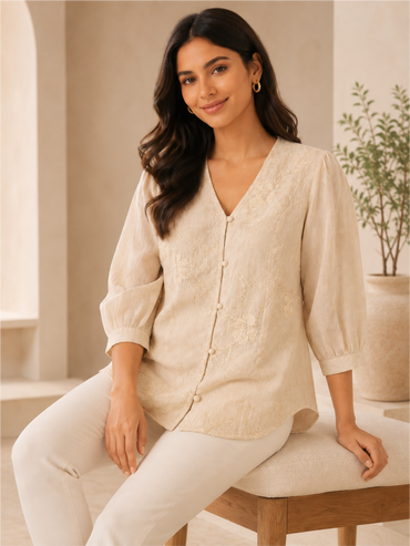 Elegant Cream Embroidered V-Neck Top for Women