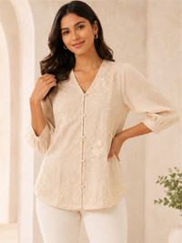 Elegant Cream Embroidered V-Neck Top for Women